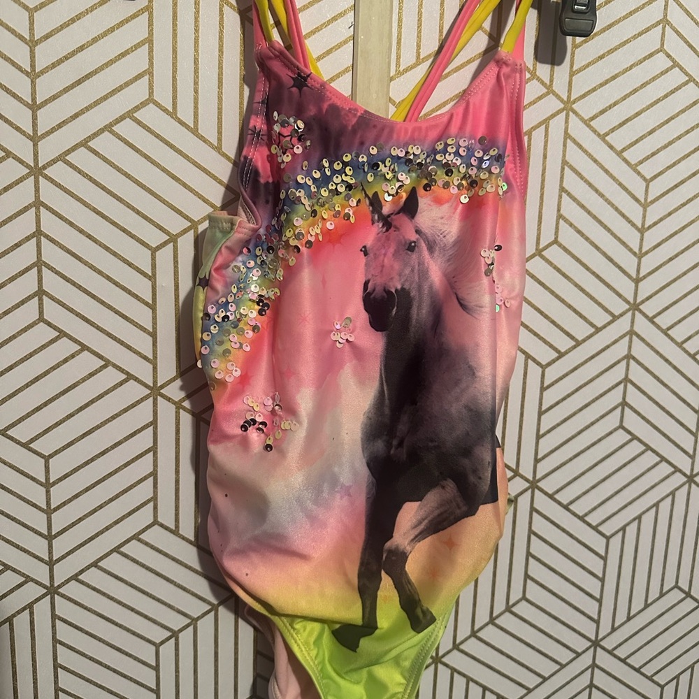 Girls Rainbow Unicorn One-Piece Swimsuit - Size M (7-8)